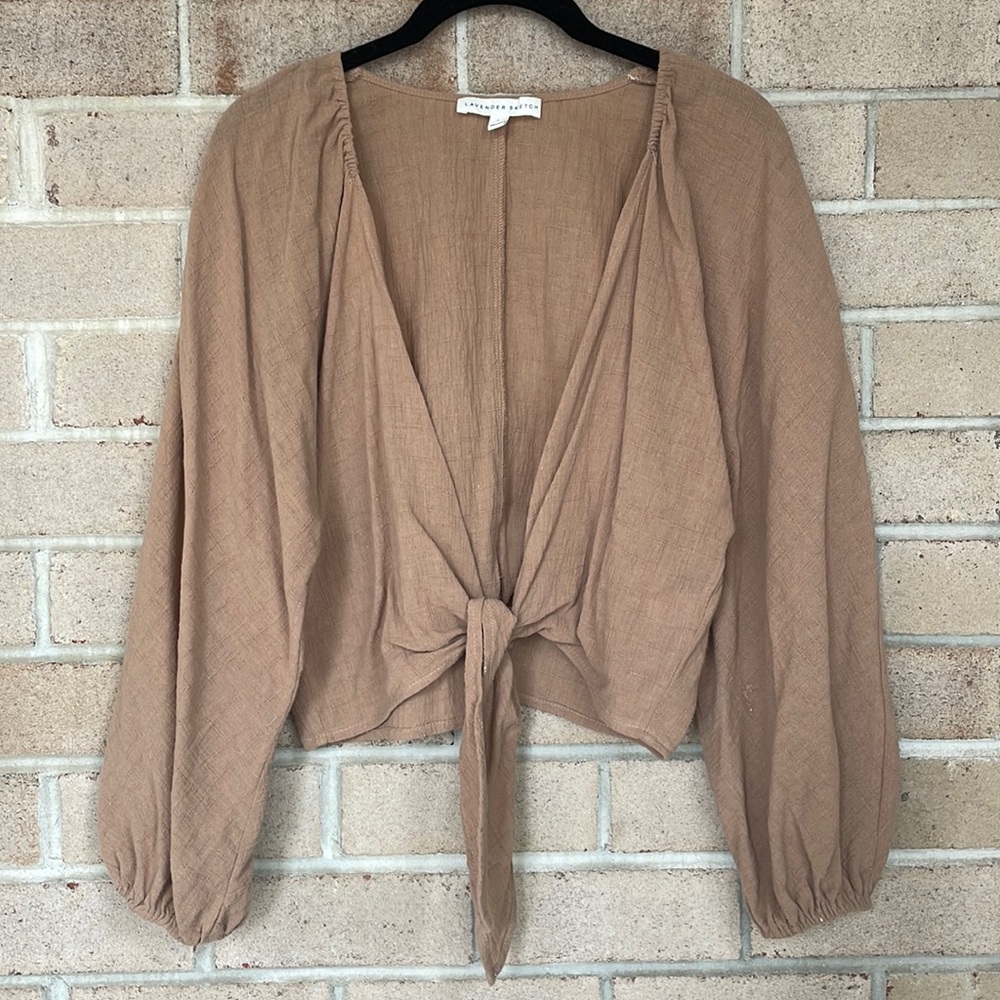 Mocha Crinkle Tie-Front Balloon Sleeve Top